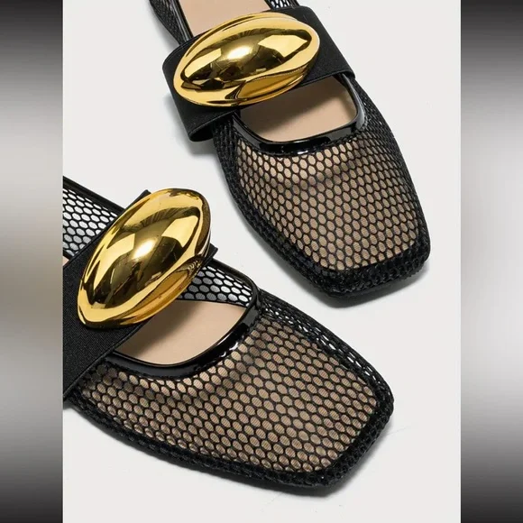 New Fishnet Mesh Ballet Flats Gold Metallic Buckle NWT Black Slip On Square Toe - Picture 3 of 9